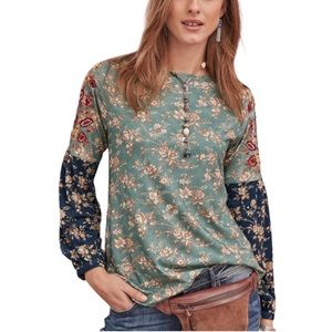 Sundance Beatrice Long Embroidered Sleeve Crewneck Floral Tee MEDIUM